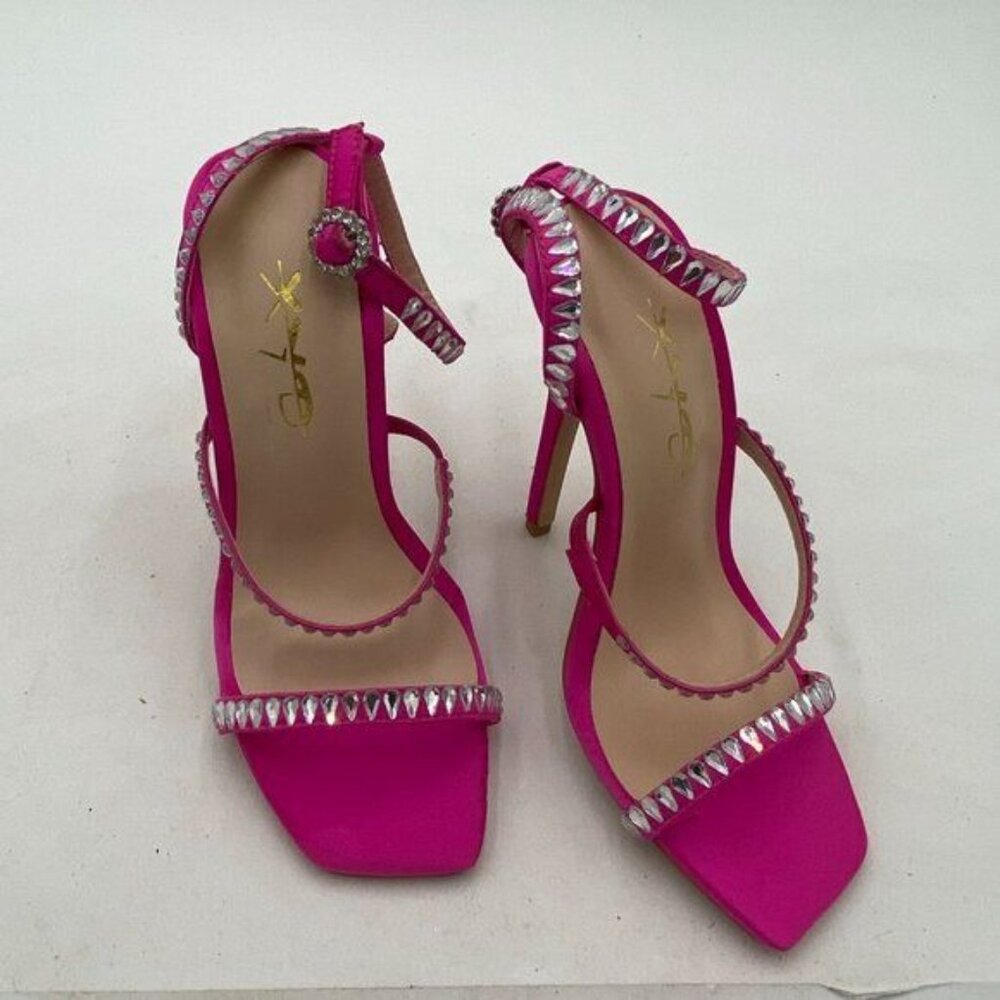 XYD Hot Pink Open Toe Studded High Heel Cutout Side Slingback Sandal Dress Shoe